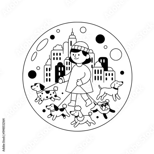 Professional Dog Walker with Cityscape and Diverse Dog Pack Illustration or Urban Dog Walker Scene with Multiple Breeds for Pet Care Design
