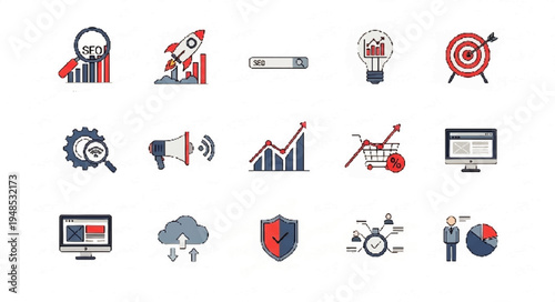 A collection of flat design icons representing business, marketing, SEO, data analysis, and technology concepts for digital strategies.