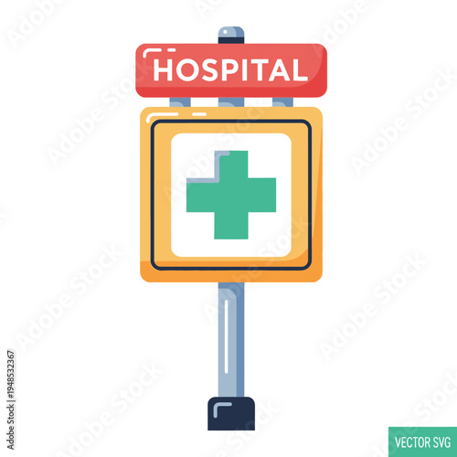 Hospital Sign with Green Cross Icon - Medical Facility Directional Marker