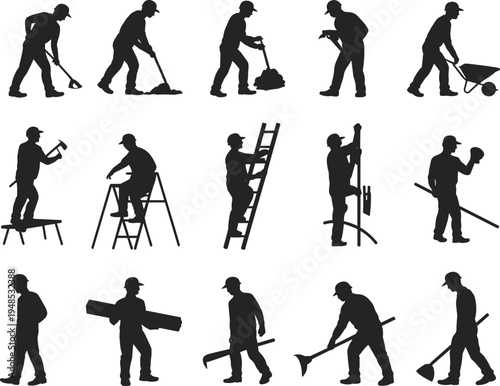Construction worker silhouette set, vector illustration of labor activities, industrial tools, handyman actions, building work poses, tradesmen equipment scene flat vector illustration