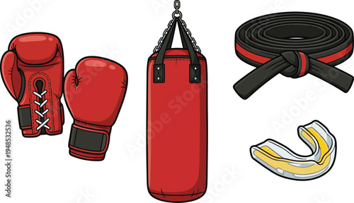 Boxers train with equipment in a gym setting using gloves punching bag mouthguard