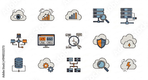 A set of flat design icons representing cloud computing, data storage, network infrastructure, and data analytics.