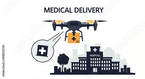 A drone delivering a medical package to a hospital, illustrating medical delivery services.