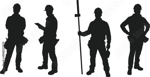 Construction worker silhouettes, engineer standing poses, surveyor holding tool, builder reading plans, teamwork concept, safety helmet, industrial jobs, construction site illustration