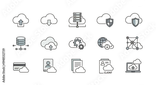 A collection of fifteen monochrome line icons representing various aspects of cloud computing, data storage, network security, and digital services.