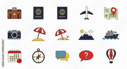 A comprehensive collection of colorful flat design icons representing various travel and vacation elements.