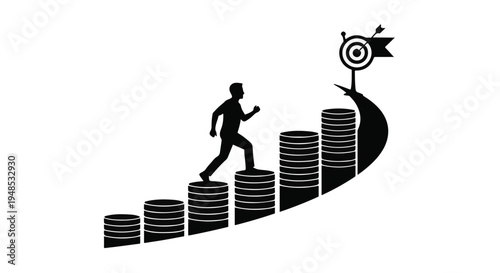 Businessman climbing stack of coins to reach target goal, symbolizing financial success and growth in corporate finance and investment
