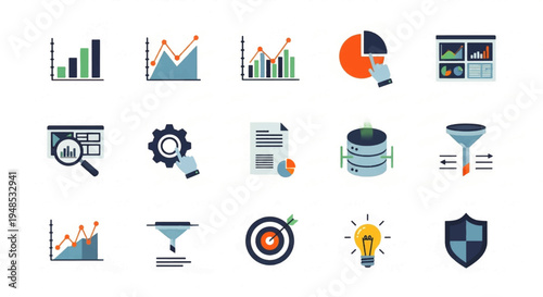 A comprehensive set of flat design icons representing data analysis, business intelligence, and technology concepts.