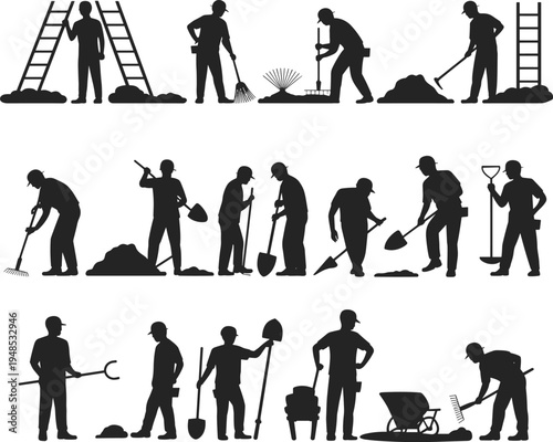 Construction worker silhouettes, laborers using tools, vector illustration of workers, building site activities, manual labor men, professional workforce design flat vector illustration