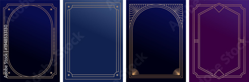 Vintage Art Deco dark color gradient background collection with gold frame. Elegant retro line art templates with luxury decorative linear borders.