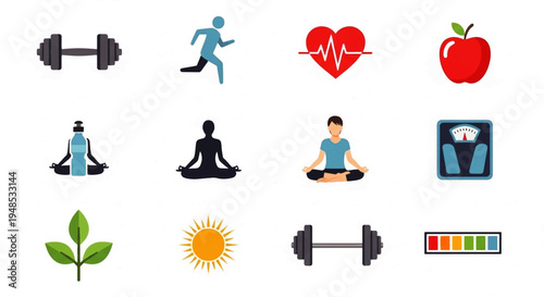 A collection of health and wellness icons including fitness equipment, yoga poses, healthy food, and lifestyle elements.