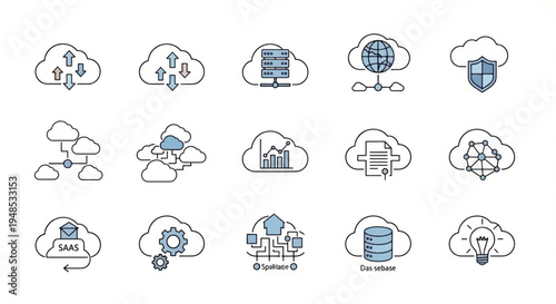 A comprehensive set of cloud computing and data technology icons, illustrating various concepts like storage, security, networking, and services.
