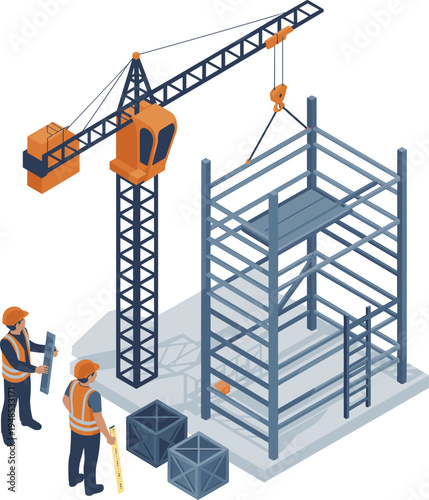 Construction workers building steel structure, crane lifting materials, teamwork on construction site, engineering project, safety equipment, industrial work, flat vector illustration