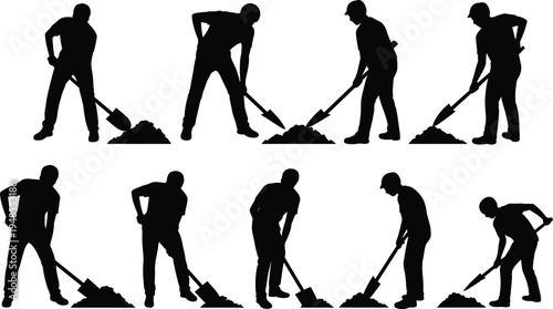 Construction workers digging with shovels, silhouette collection, labor force, manual work, industrial effort, black vector design, flat vector illustration