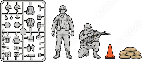 Soldiers with guns and equipment stand near traffic cone and sandbags outdoors