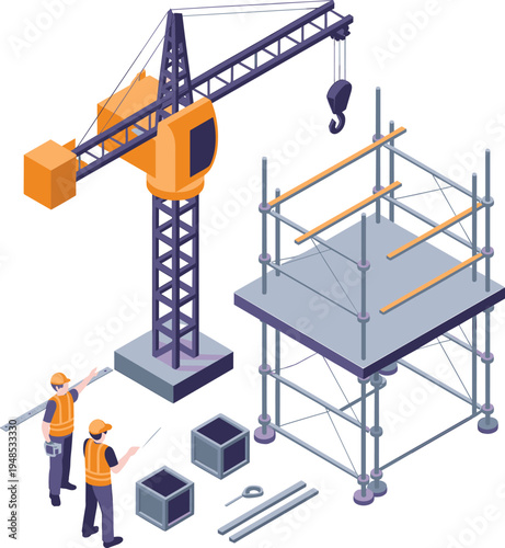 Construction workers managing crane for building scaffolding, teamwork on construction site, industrial project planning, safety equipment usage, flat vector illustration