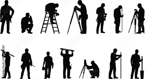 Construction workers silhouette set with measuring tools, survey equipment, ladders, tool belts, accurate leveling, engineering, labor posture, vector design flat vector illustration