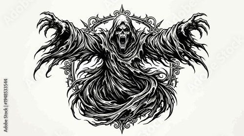 Menacing phantom ghost with screaming face and tattered cloak