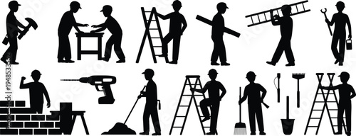 Construction workers silhouettes using tools, ladders, paint, drills and building materials, manual labor, teamwork, home renovation and repair scene illustration