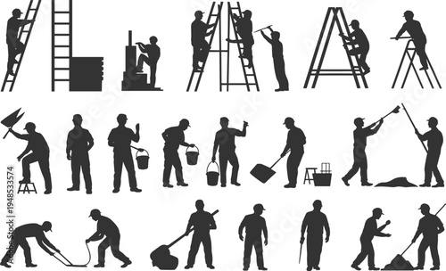 Construction workers silhouettes using tools, ladders, buckets, and paint rollers, performing maintenance, painting, cleaning, labor, and industrial site tasks