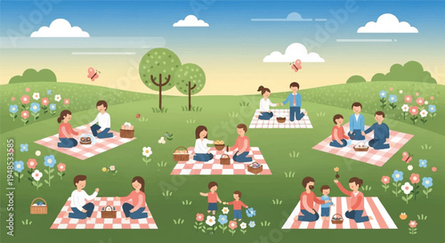 People enjoy picnic in green field with trees and flowers on sunny day