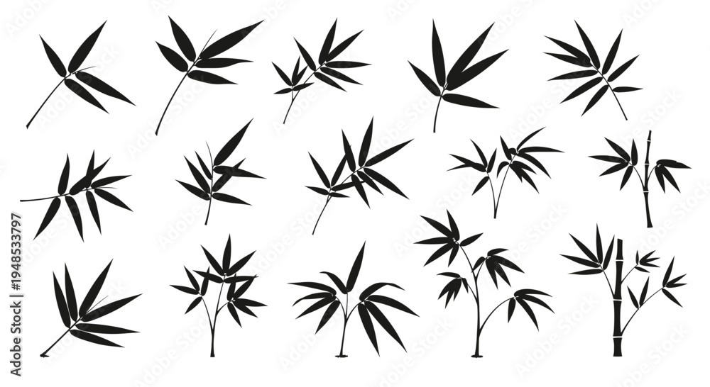 Obraz premium Collection of Black Bamboo Leaves and Stems Silhouette Vector Illustration Design Elements