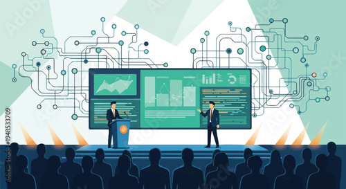 Two businessmen present data on a large screen to an audience at a conference.