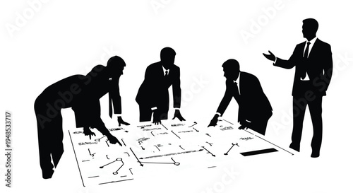 Business team meeting planning strategy on large blueprint map in office setting with silhouettes of professionals working together collaboratively