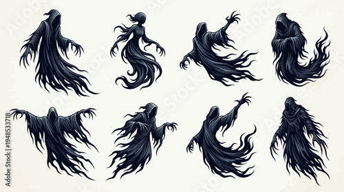 Set of eight shadow wraiths in eerie floating ghost poses