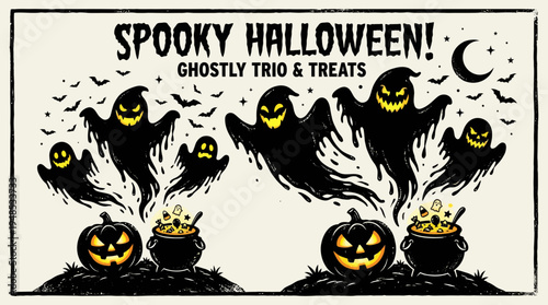 Spooky Halloween ghost trio with black dripping spirits and treats