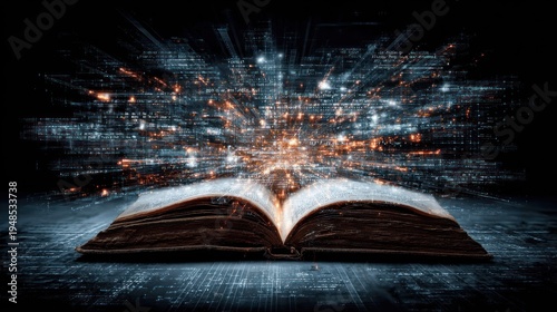 Ancient text releases streams of bright digital data and glowing particles into a dark space.