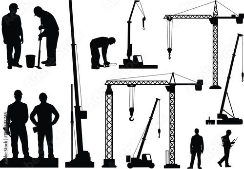 Construction workers silhouettes with tower cranes, heavy lifting machinery, building site operations, engineering teamwork, industrial equipment, project management, flat vector illustration