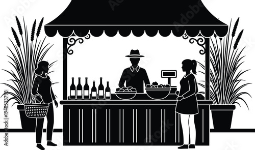 Farmers market stall with vendor and customers buying fresh produce, bottles and fruits display, black silhouette illustration of local outdoor marketplace scene