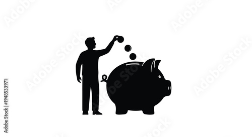 Man putting coins into piggy bank, saving money, finance concept, investment, wealth, silhouette