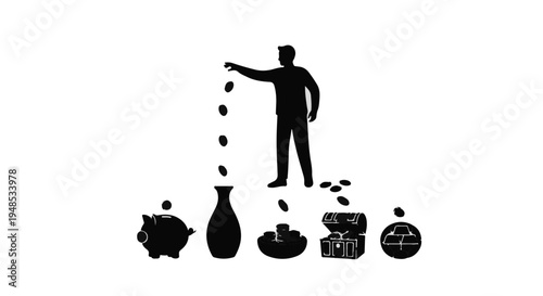 Man saving money in piggy bank and coins, financial planning and investment concept, business and economy, saving money, personal finance, silhouette