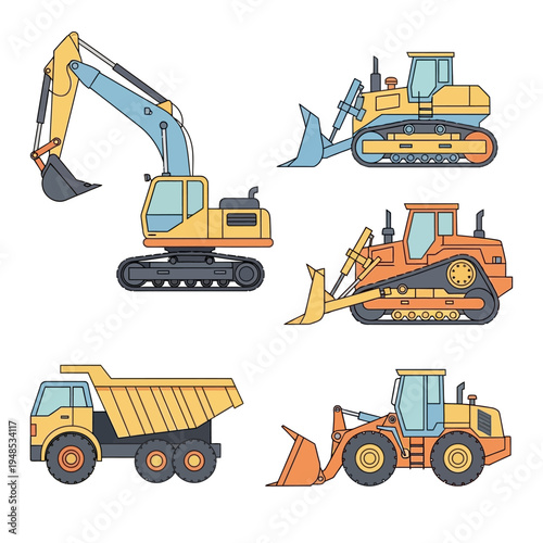Set of Construction Vehicles Icons: Excavator, Bulldozer, Dumper Truck, Loader