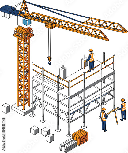 Construction workers with crane, assembling scaffolding, wearing safety gear, teamwork on building site, lifting materials, engineering structure, flat vector illustration