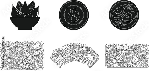 Healthy food icons and assorted meal platters with vegetables, fruits and balanced diet elements, detailed line art nutrition illustration set isolated on light background