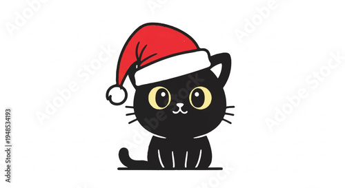A black cat wearing a Santa hat sits on a surface looking cute.