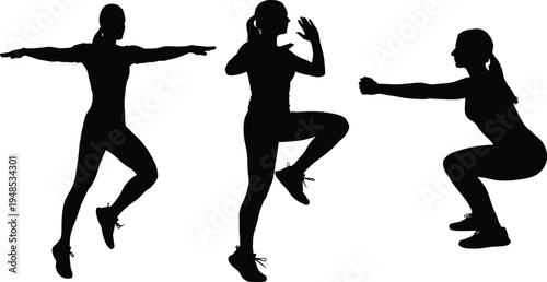 Three black silhouettes of women in various dance or martial arts poses
