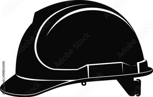 Firefighter helmet with chin strap and white outline on a plain background