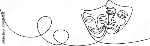 Continuous line drawing of comedy and tragedy theatrical masks, minimalist drama art, symbolizing emotions in theater and performance arts illustration