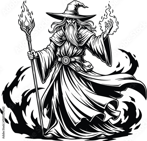Powerful wizard casting fire magic with staff, fantasy sorcerer character in flowing robe and hat, detailed monochrome illustration isolated on light background