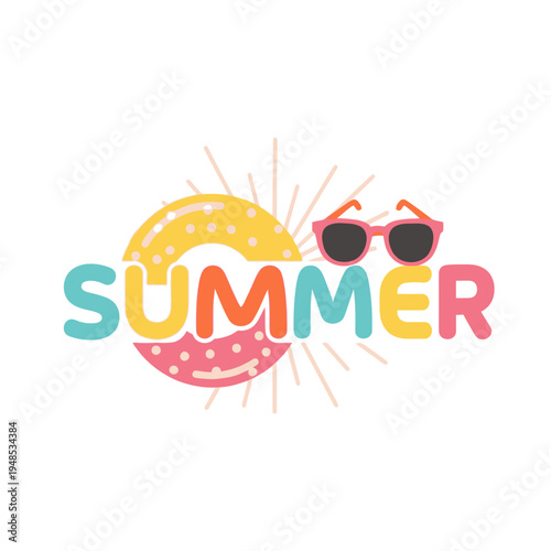Summer text with sunglasses and inflatable ring, vacation concept, bright colors