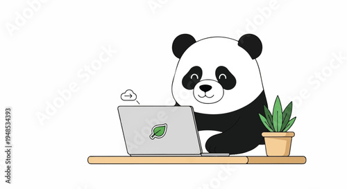 A panda uses a laptop next to a potted plant on a desk indoors.
