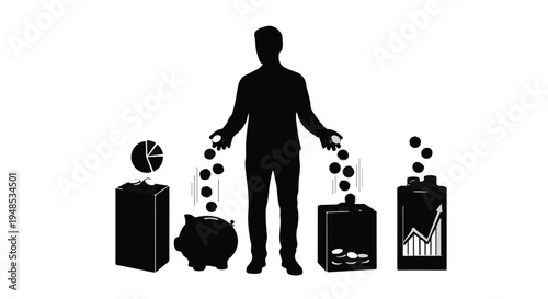  Silhouette of a man distributing coins into different savings and investment jars for financial planning.