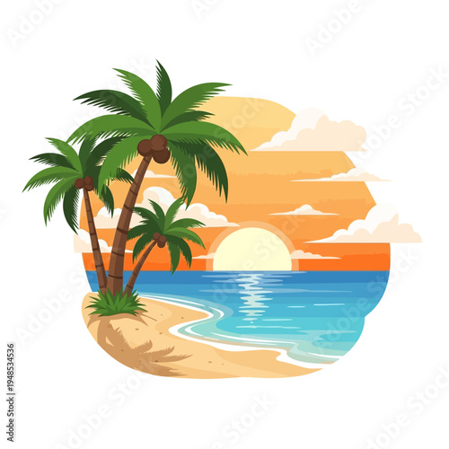 Tropical Beach Sunset with Palm Trees and Ocean Waves