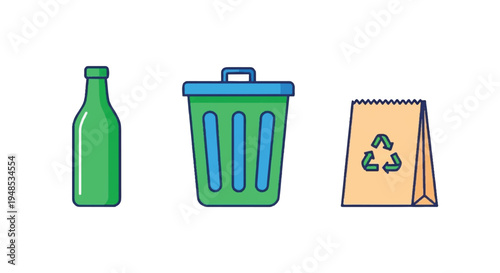 Recycling concept with bottle, trash can and paper bag outdoors