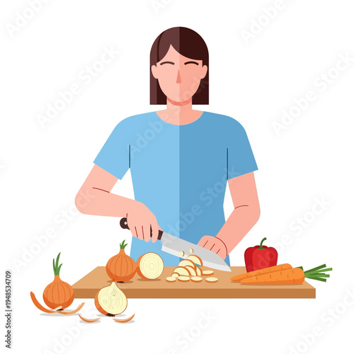 Woman chopping onions and vegetables on cutting board for cooking