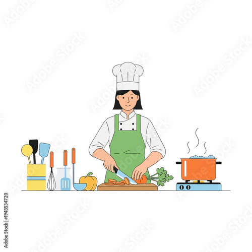 Woman chef chopping vegetables for cooking, healthy food preparation